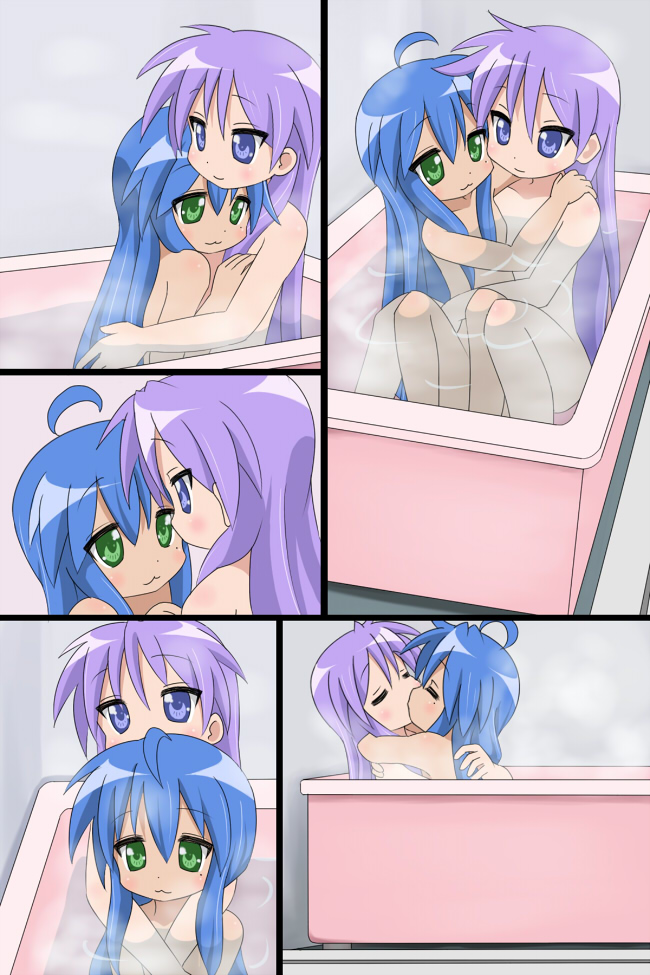 mountain pukuichi, hiiragi kagami, izumi konata, kagamin bocchi, lucky star, 00s, 2girls, :3, ahoge, bath, bathroom, bathtub, blue eyes, blue hair, blush, comic, green eyes, hug, kiss, long hair, mole, mole under eye, multiple girls, nude, pink hair, smile, steam, yuri