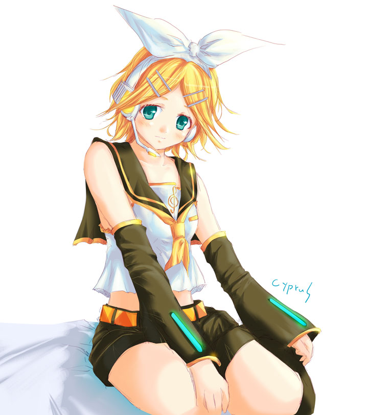 cyprus (circle), kagamine rin, vocaloid, 1girl, aqua eyes, artist name, bare shoulders, belt, black shorts, blonde hair, blush, breasts, collarbone, detached sleeves, female focus, glowing, hair ornament, hair ribbon, hairclip, head tilt, headset, light frown, long sleeves, looking at viewer, neckerchief, ribbon, school uniform, serafuku, shirt, short hair, shorts, simple background, sitting, small breasts, solo, tareme, thighs, treble clef, white background, white ribbon, white shirt, yellow neckerchief, yokozuwari