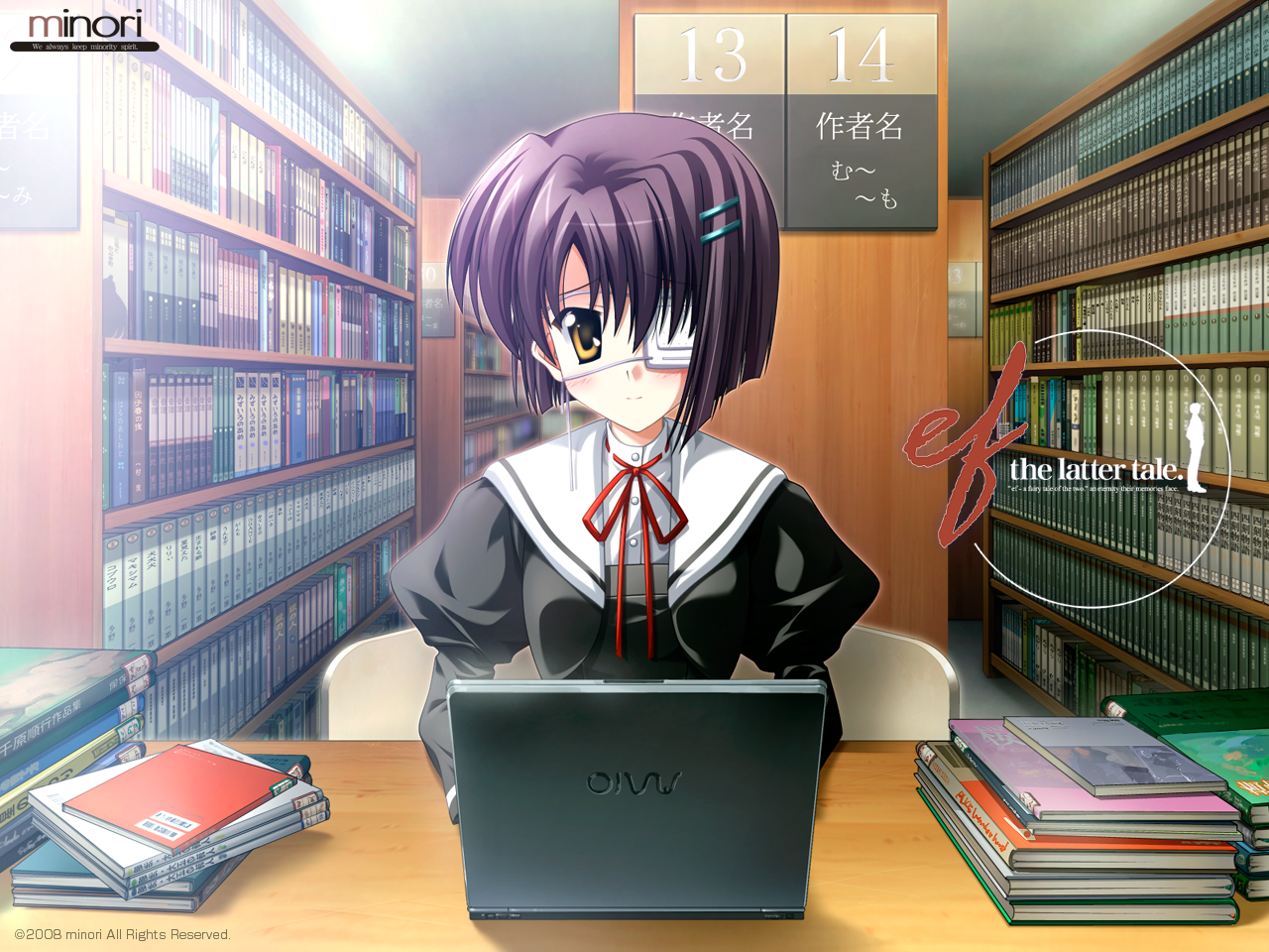 ef (visual novel), 00s, 1girl, blush, book, computer, eyepatch, female focus, indoors, library, looking at viewer, purple hair, ribbon, short hair, solo, yellow eyes