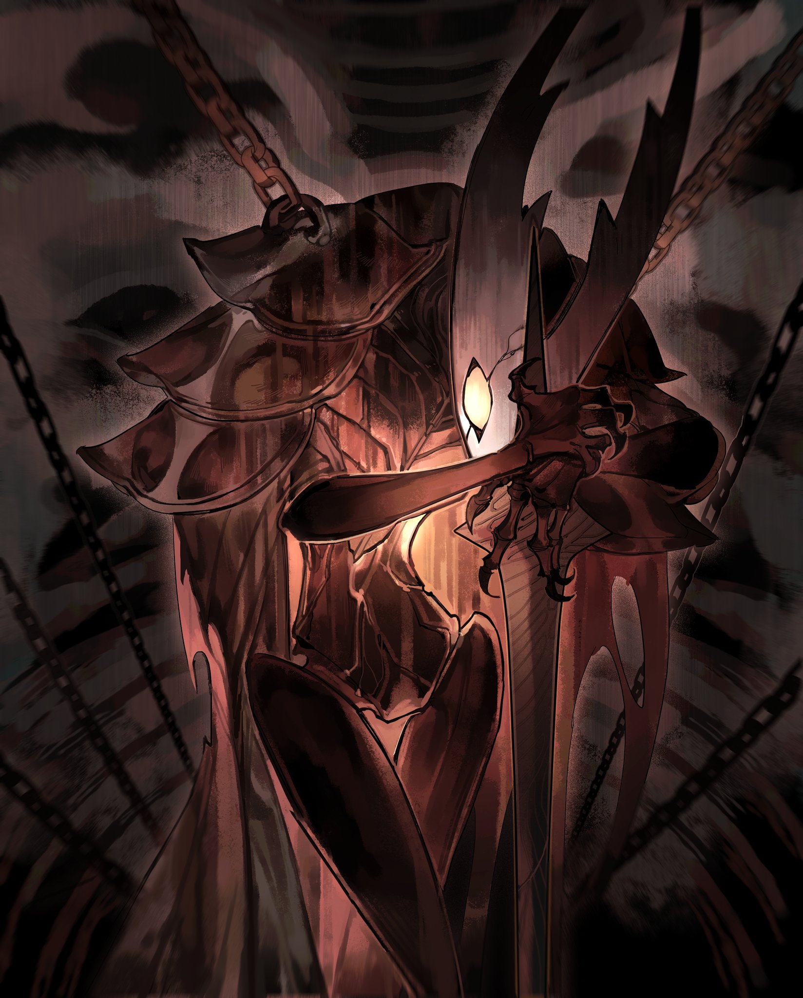 darkdog, hollow knight (character), hollow knight, highres, 1other, armor, black skin, blood, breastplate, chain, cloak, colored skin, cracked mask, grey cloak, holding, holding weapon, hollow eyes, horned mask, horns, mask, nail (hollow knight), shoulder armor, solo, weapon, white mask, yellow blood, yellow eyes