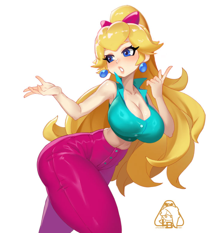 little blood, princess peach, mario (series), nintendo, 1girl, breasts, large breasts, ponytail, solo
