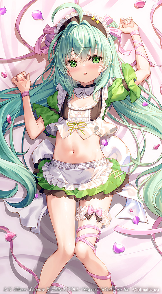 fujima takuya, original, 1girl, ahoge, apron, blush, bow, breasts, crop top, green eyes, green hair, green skirt, long hair, looking at viewer, maid, maid headdress, midriff, navel, petals, pink bow, puffy short sleeves, puffy sleeves, short sleeves, skirt, small breasts, solo, waist apron, white apron, white bow