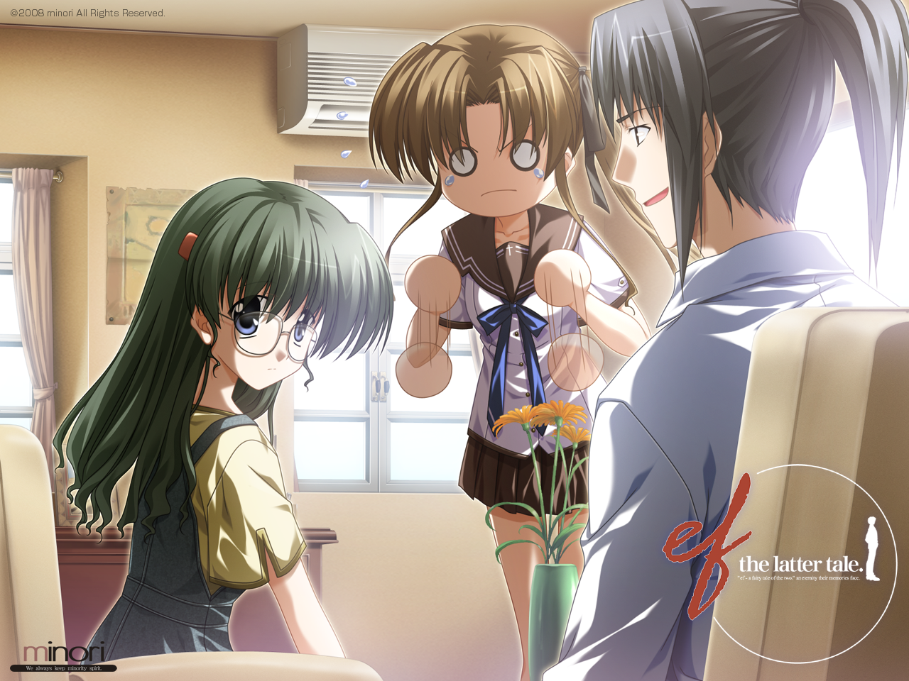 ef (visual novel), tagme, 00s, blue eyes, brown hair, flower, green hair