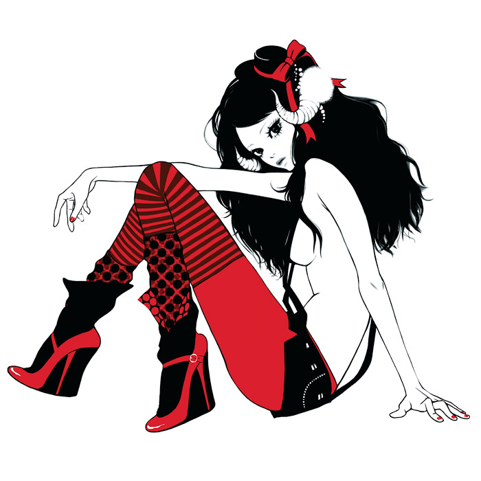takenaka, original, bad id, bad pixiv id, 1girl, arm support, black eyes, black hair, breasts, expressionless, fashion, female focus, from side, full body, hair ornament, hat, hat ribbon, high heels, horns, knees up, lips, long hair, looking at viewer, mini hat, nail polish, pantyhose, pantyhose under shorts, polka dot, polka dot legwear, red nails, red pantyhose, red ribbon, red shoes, ribbon, shoes, short shorts, shorts, simple background, single horn, sitting, small breasts, solo, spot color, striped clothes, striped pantyhose, suspenders, topless female, wavy hair, white background