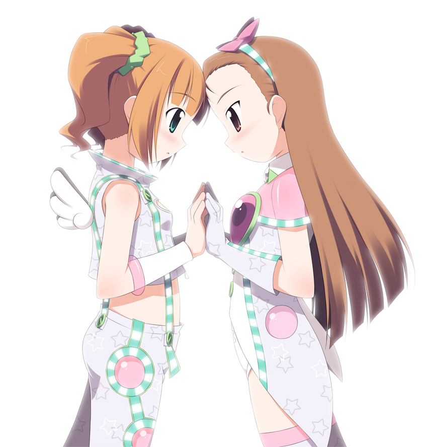 kagura yuuki, minase iori, takatsuki yayoi, idolmaster, idolmaster (classic), idolmaster 1, original, pink legwear, 00s, 2girls, blush, brown hair, capelet, cosmic & funny (idolmaster), cowboy shot, dress, elbow gloves, female focus, from side, gloves, holding hands, kisaragi yayoi, long hair, midriff, multiple girls, profile, short hair, simple background, standing, thighhighs, twintails, white dress, white gloves, wrist cuffs, yuri