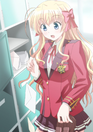 midori (searchlight), sendou erika, fortune arterial, lowres, 1girl, blonde hair, blue eyes, female focus, hair ribbon, letter, long hair, ribbon, school uniform, skirt, solo