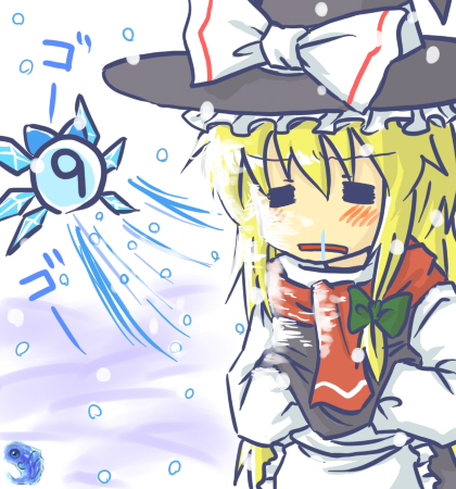 yomegane, cirno, kirisame marisa, perfect cherry blossom, touhou, lowres, 1girl, = =, apron, black dress, blonde hair, braid, buttons, circled 9, crystal, dress, female focus, flying, hat, ice, ice wings, long sleeves, red scarf, scarf, single braid, snot, snowing, solo, waist apron, wings, winter, witch hat