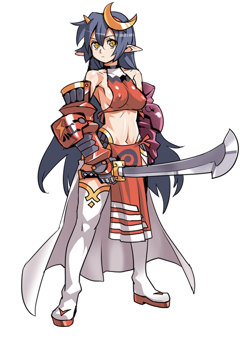 poporon, 1girl, armor, bare shoulders, blue hair, boots, breasts, female focus, long hair, medium breasts, midriff, pointy ears, sideboob, solo, sword, thigh boots, thighhighs, weapon, yellow eyes