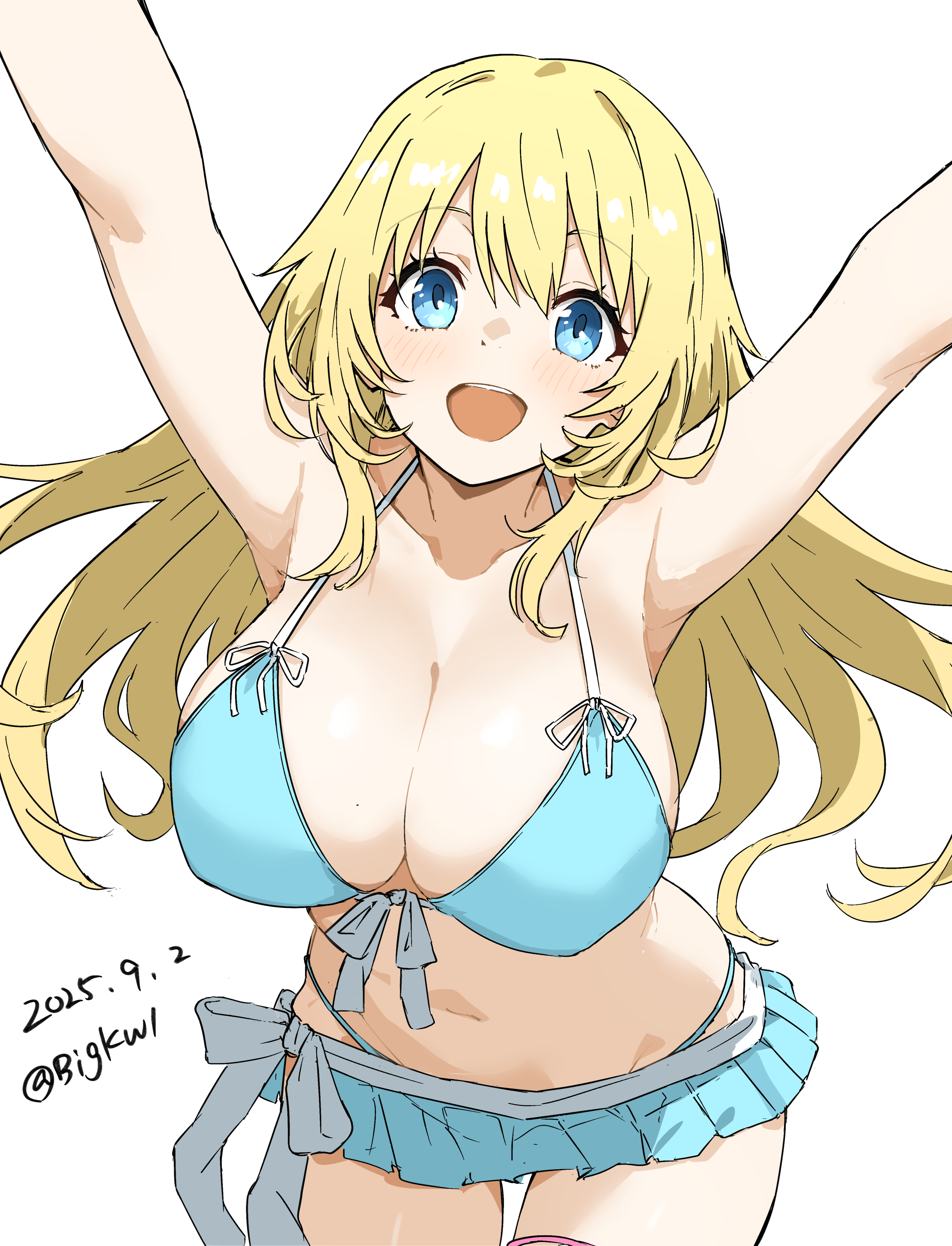 bigkwl, atago (kancolle), kantai collection, absurdres, commentary request, highres, 1girl, arms up, bikini, blonde hair, blue bikini, blue eyes, blue skirt, blush, breasts, cleavage, hair between eyes, large breasts, leaning forward, long hair, looking at viewer, navel, open mouth, pleated skirt, simple background, skirt, smile, solo, swimsuit, thighs, white background