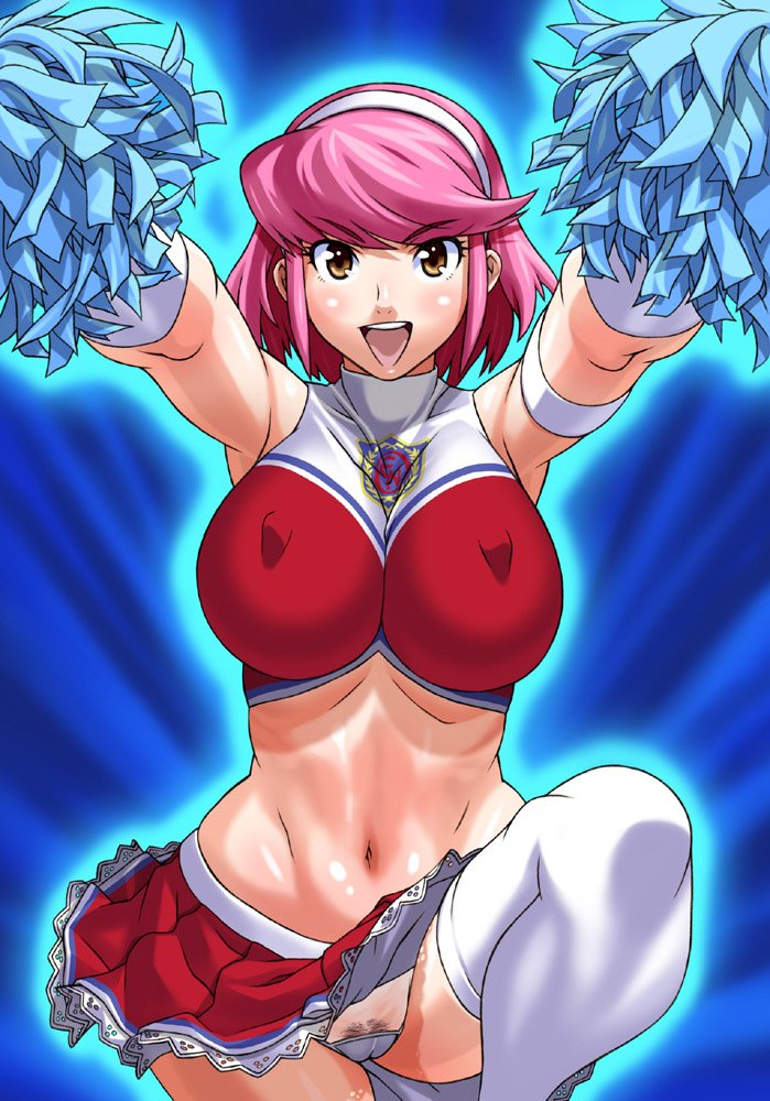 kei (bekei), shirosaki rin, osu! tatakae! ouendan, 1girl, armband, armpits, breasts, cameltoe, cheerleader, covered erect nipples, female focus, female pubic hair, hairband, hip focus, large breasts, lowleg, lowleg panties, midriff, ouendan, panties, pink hair, pom pom (cheerleading), pubic hair, short hair, skirt, smile, solo, thighhighs, underwear, wide hips, yellow eyes