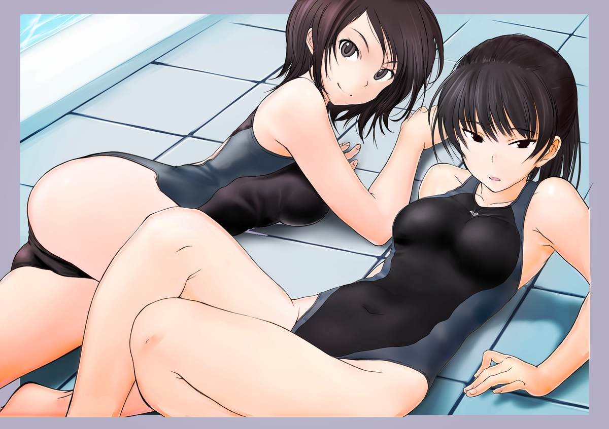 kawagishi keitarou, takahashi maya, tsukahara hibiki, amagami, commentary request, revision, 2girls, ass, black eyes, black hair, border, competition swimsuit, grey border, highleg, highleg one-piece swimsuit, lying, multiple girls, on floor, one-piece swimsuit, outside border, poolside, short hair, smile, swimsuit, tile floor, tiles
