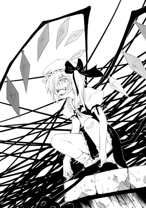 dousaki shin'ya, flandre scarlet, touhou, 1girl, female focus, full body, greyscale, monochrome, solo, squatting, white background