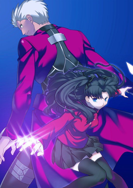 yangsion, archer (fate), tohsaka rin, fate/stay night, fate (series), 00s, 1boy, 1girl, between fingers, black hair, blue eyes, dark-skinned male, dark skin, height difference, holding, miniskirt, skirt, thighhighs, two side up