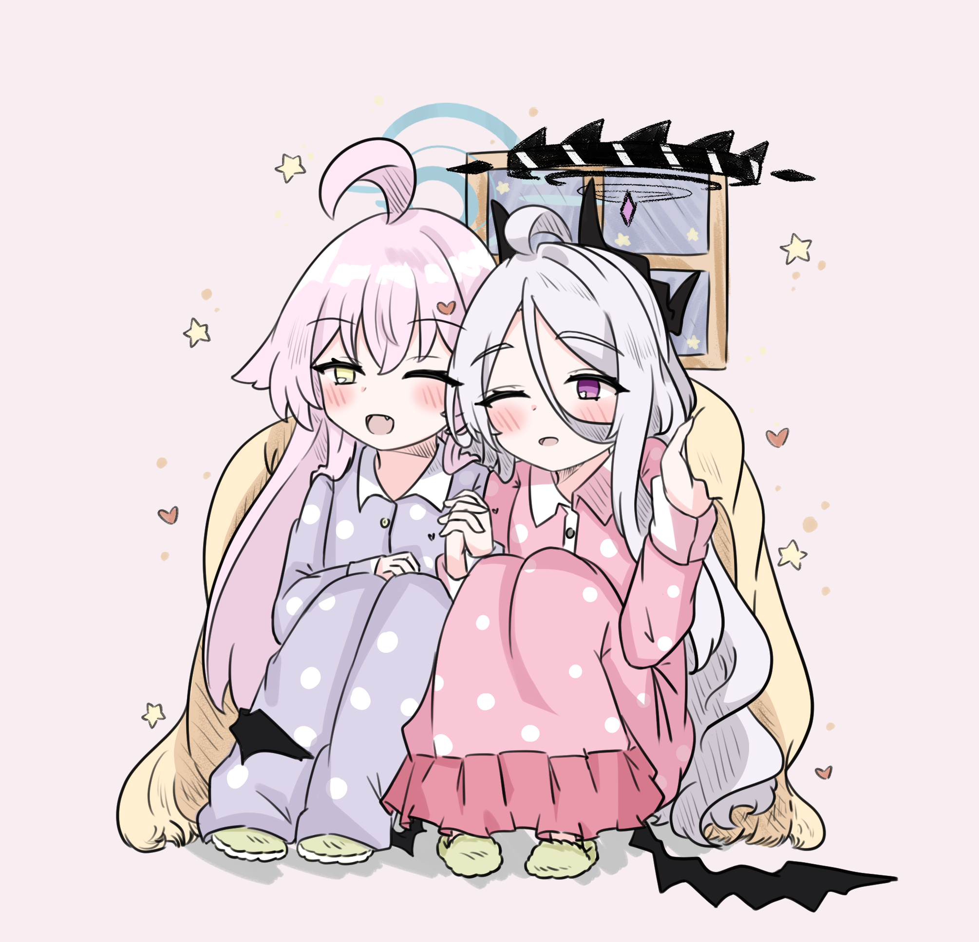 e v e neko, hina (blue archive), hina (pajamas) (blue archive), hoshino (blue archive), blue archive, highres, 2girls, ahoge, halo, horns, long hair, multiple girls, official alternate costume, one eye closed, pajamas, pink hair, purple eyes