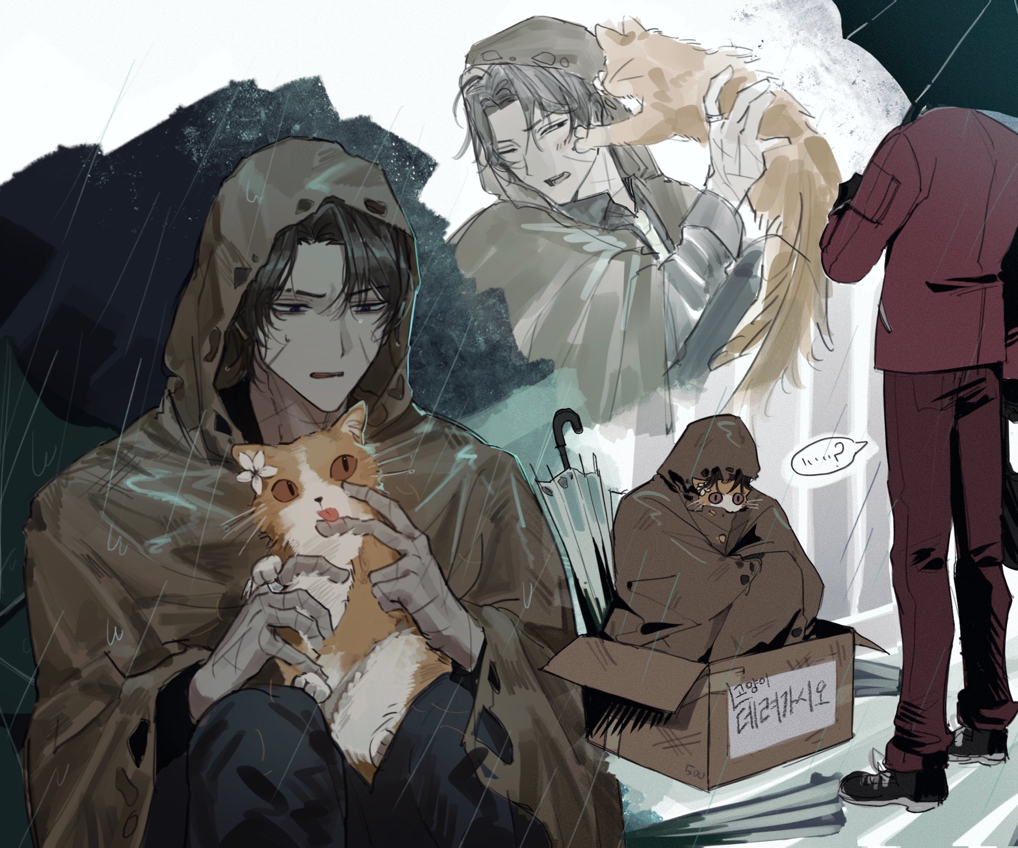 chanil (muexlku), catherine (project moon), heathcliff (project moon), limbus company, project moon, highres, translation request, 1boy, 1other, all fours, animalization, black pants, box, brown hair, brown raincoat, cardboard box, dark-skinned male, dark skin, e.g.o (project moon), korean text, open mouth, outdoors, pants, purple eyes, rain, sunshower (e.g.o), technology liberation alliance (identity) (project moon)