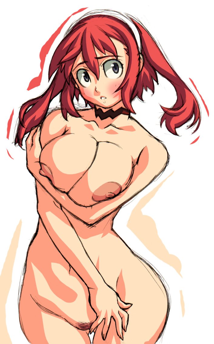 kei (bekei), original, breast hold, 1girl, breasts, breasts squeezed together, choker, embarrassed, female focus, female pubic hair, huge breasts, nipples, nude, pubic hair, red hair, solo, trembling, wide-eyed