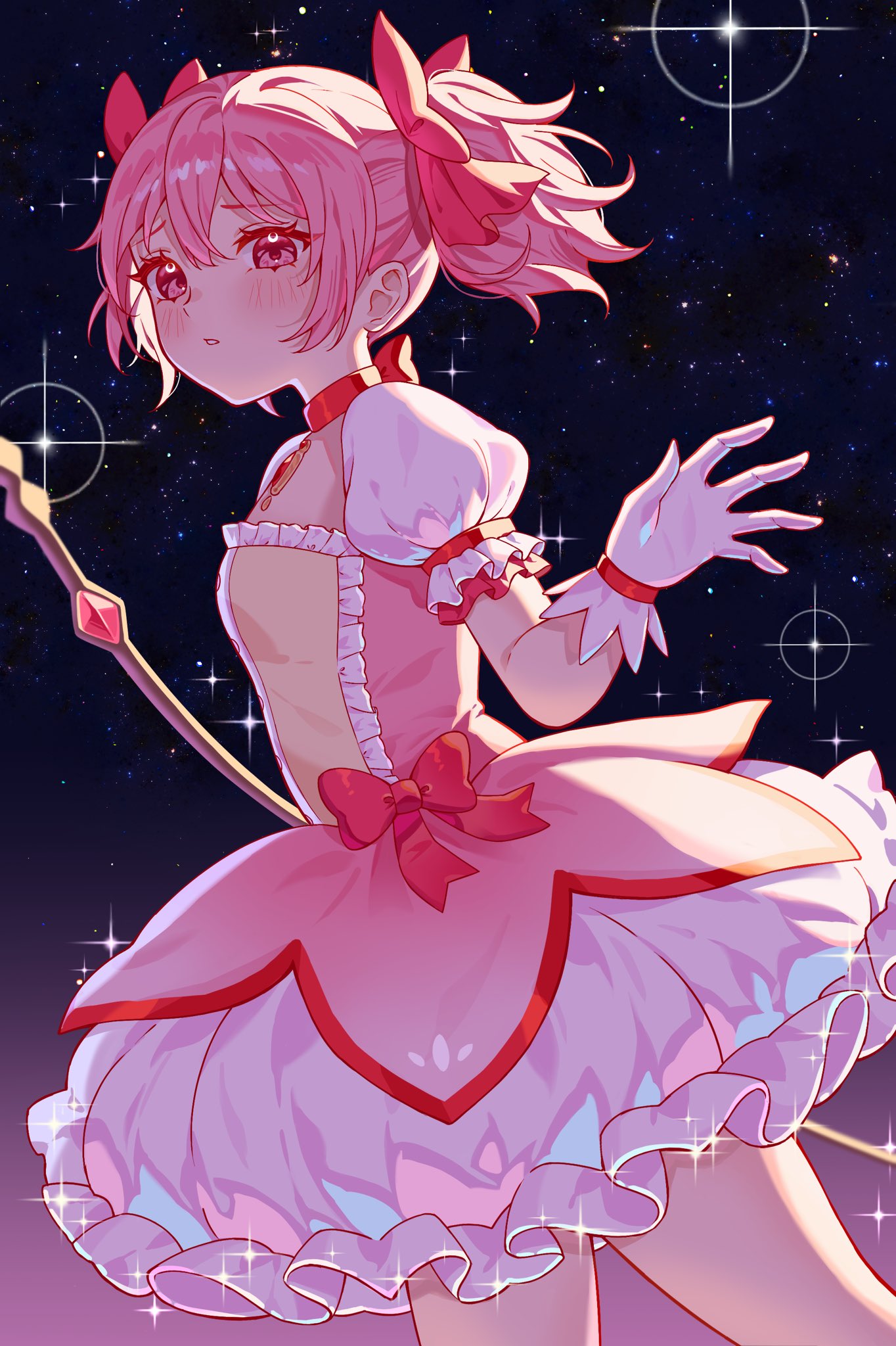 orikawaz, kaname madoka, kaname madoka (magical girl), mahou shoujo madoka magica, mahou shoujo madoka magica (anime), highres, 1girl, bow, bubble skirt, dress, gem, gloves, hair bow, holding, holding staff, lolita fashion, pink dress, pink eyes, pink hair, puffy short sleeves, puffy sleeves, red bow, red gemstone, short sleeves, short twintails, skirt, soul gem, space, staff, twintails, white gloves
