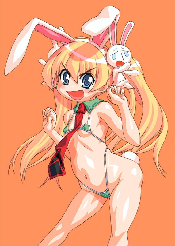 kei (bekei), mesousa, rebecca miyamoto, pani poni dash!, 00s, 1girl, animal ears, belly, bikini, blonde hair, blush, covered erect nipples, fake animal ears, female focus, green bikini, hair ornament, loli, long hair, micro bikini, navel, necktie, open mouth, orange background, plump, rabbit ears, rabbit hair ornament, rabbit tail, red necktie, shiny skin, simple background, solo, swimsuit, tail, twintails, v-shaped eyebrows, w arms