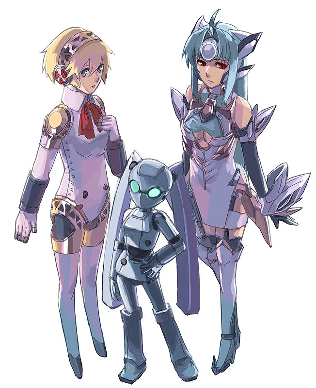 utu (ldnsft), aigis (persona), drossel von flugel, kos-mos, kos-mos ver. 4, atlus, disney, fireball (series), persona, persona 3, xenosaga, xenosaga episode iii, 00s, 2girls, android, blonde hair, blue eyes, blue hair, crossover, elbow gloves, gloves, long hair, mecha, multiple girls, red eyes, robot, trait connection, twintails