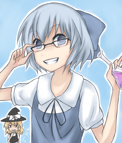 kanzume shima, cirno, kirisame marisa, touhou, bad id, bad pixiv id, 2girls, adjusting eyewear, bespectacled, blonde hair, blue eyes, blue hair, bow, female focus, glasses, grin, hair bow, multiple girls, over-rim eyewear, semi-rimless eyewear, smile, solo focus, test tube