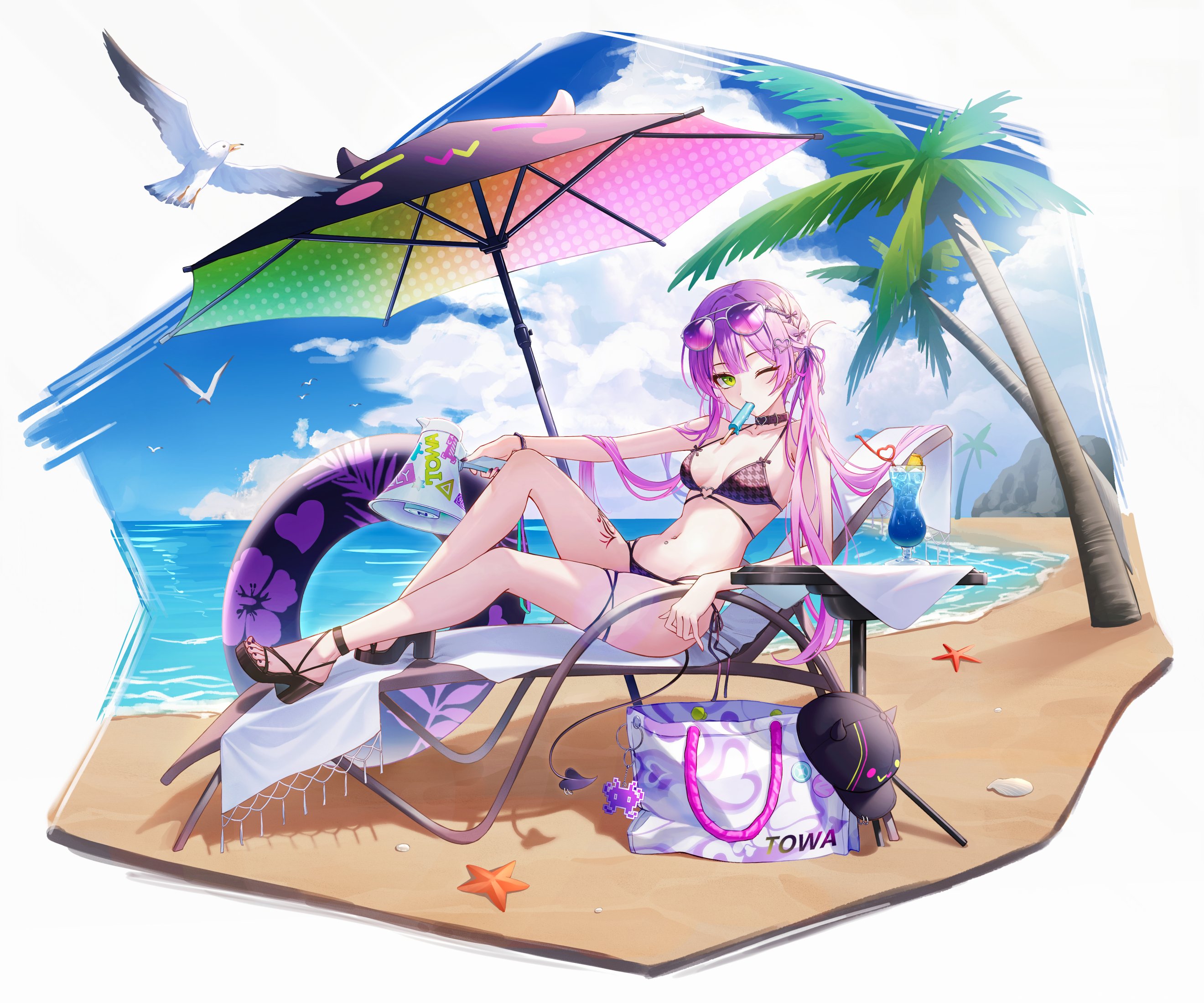 star-ring, tokoyami towa, hololive, commentary, highres, symbol-only commentary, 1girl, alternate costume, aviator sunglasses, baseball cap, beach, beach chair, beach umbrella, bikini, bird, black collar, black hat, blue sky, borrowed design, bow, breasts, center-flap bangs, chain, chain earrings, chair, character name, cloud, collar, cumulonimbus cloud, day, demon girl, demon tail, double-parted bangs, eyewear on head, fake horns, food, food in mouth, full body, gradient hair, green eyes, hair bow, hair ribbon, hat, heart, heart o-ring, high heel sandals, holding, holding megaphone, horned headwear, horns, houndstooth, knee up, leg tattoo, long hair, medium breasts, megaphone, multi-strapped bikini bottom, multi-strapped bikini top, multicolored hair, navel, navel piercing, o-ring, o-ring bikini, on chair, one eye closed, outdoors, palm tree, piercing, pink hair, pointy ears, popsicle, popsicle in mouth, print bikini, purple-tinted eyewear, purple hair, ribbon, sandals, seagull, seashell, shell, side-tie bikini bottom, sitting, sky, solo, starfish, stomach, sunglasses, swim ring, swimsuit, tail, tail ornament, tail piercing, tattoo, thigh strap, tinted eyewear, tree, twintails, umbrella, unworn hat, unworn headwear, virtual youtuber, winged heart, winged heart tattoo