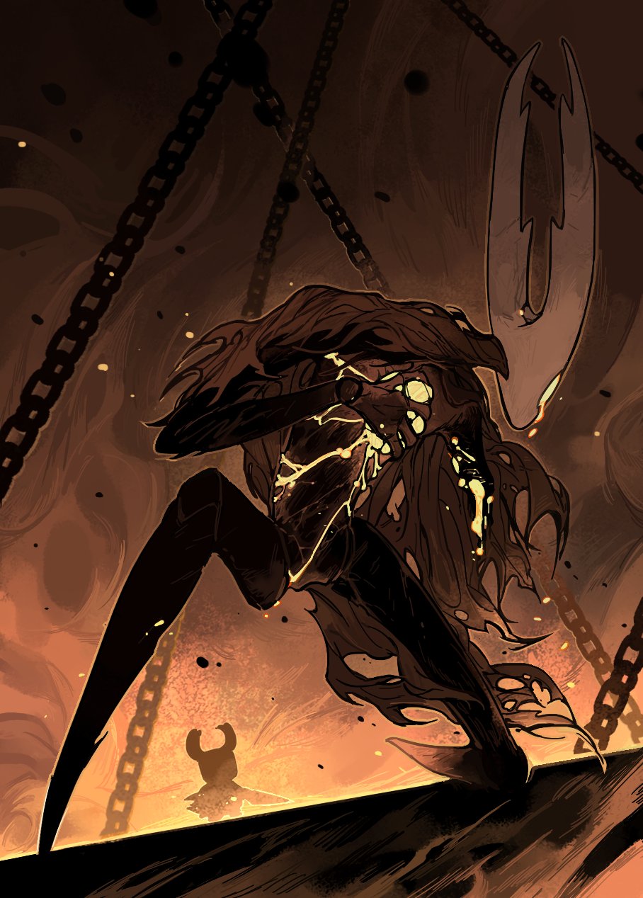 darkdog, hollow knight (character), knight (hollow knight), hollow knight, highres, 2others, black skin, blood, chain, cloak, colored skin, grey cloak, holding, holding weapon, hollow eyes, horned mask, horns, injury, mask, multiple others, nail (hollow knight), solo focus, weapon, white mask, yellow blood, yellow eyes