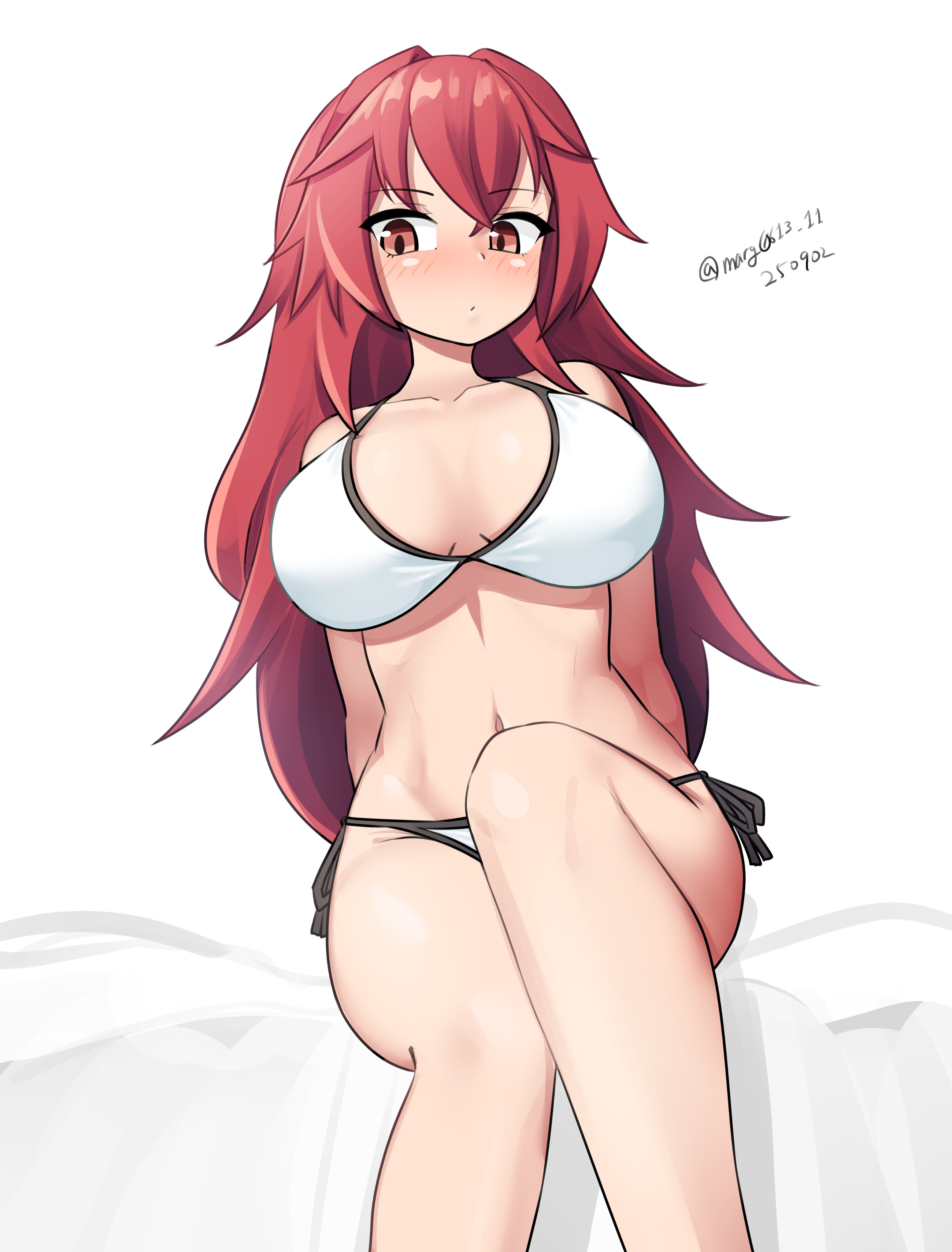 maru (marg0613), honolulu (kancolle), phoenix (kancolle), kantai collection, absurdres, highres, 1girl, bikini, breasts, brown eyes, collarbone, cosplay, dated, honolulu (kancolle) (cosplay), large breasts, long hair, looking at viewer, messy hair, navel, red eyes, red hair, sitting, smile, solo, swimsuit, twitter username, white bikini