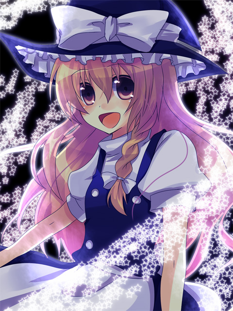 kokoro na, kirisame marisa, touhou, bad id, bad pixiv id, 1girl, :d, apron, blonde hair, blush, braid, cowboy shot, embellished costume, female focus, hat, long hair, open mouth, puffy short sleeves, puffy sleeves, short sleeves, single braid, smile, solo, star (symbol), tareme, upper body, very long hair, waist apron, witch hat
