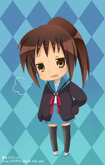 kyon, kyonko, suzumiya haruhi no yuuutsu, 00s, 1girl, chibi, female focus, genderswap, genderswap (mtf), ponytail, school uniform, serafuku, solo, thighhighs