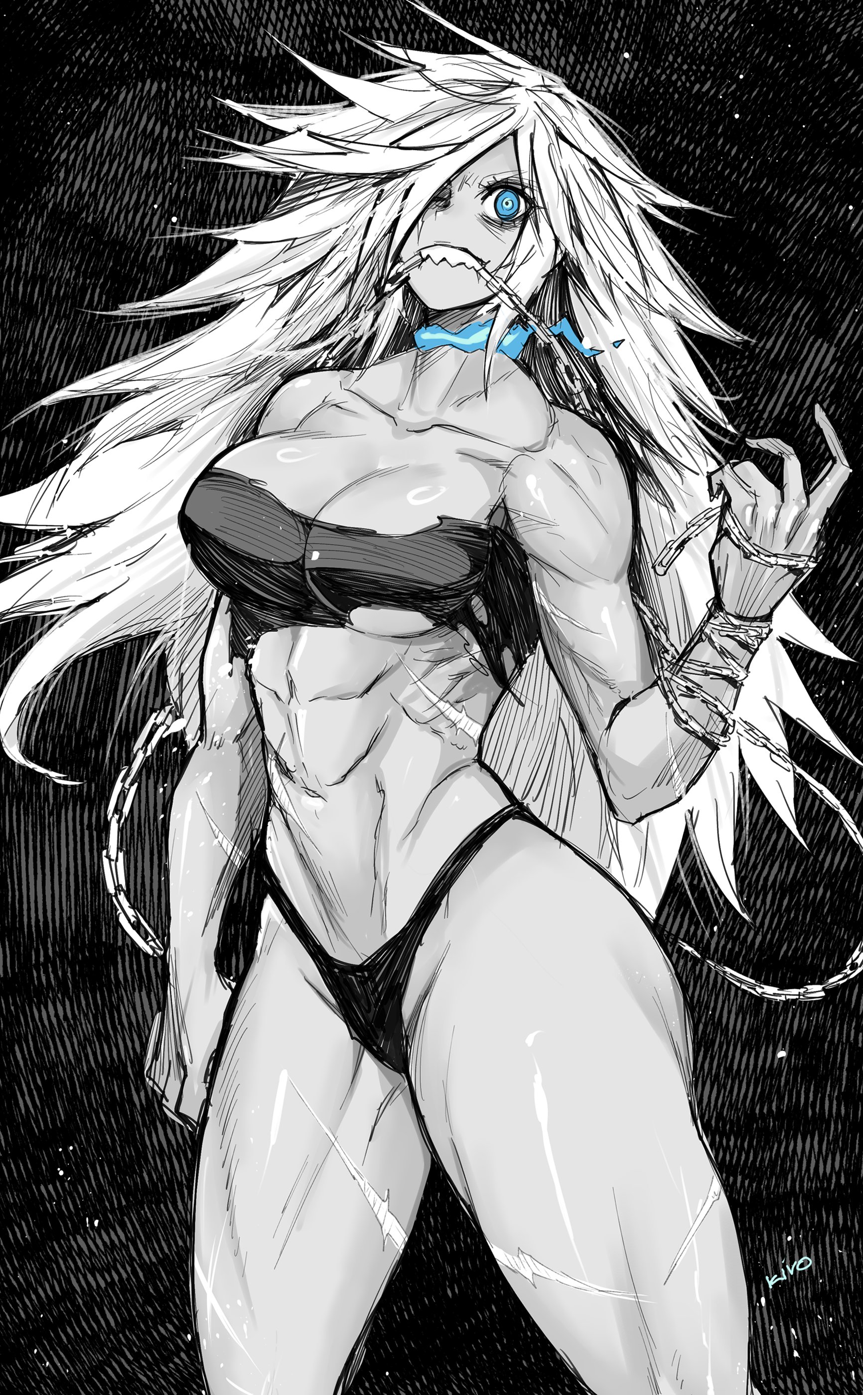 kivo, 1girl, muscular, muscular female, scar, scars all over, too many
