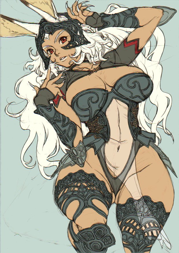 kei (bekei), fran, final fantasy, final fantasy xii, bad tag, 1girl, animal ears, breasts, curvy, dark skin, large breasts, long hair, rabbit ears, red eyes, revealing clothes, solo, viera, wide hips