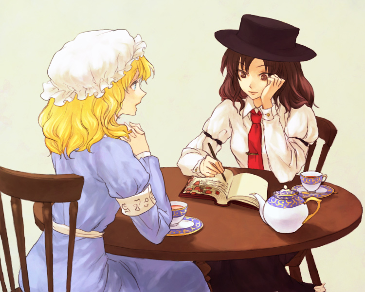 egawa satsuki, maribel hearn, usami renko, ghostly field club, touhou, 2girls, blonde hair, blue eyes, brown eyes, brown hair, cup, female focus, hat, multiple girls, short hair, sitting, teacup