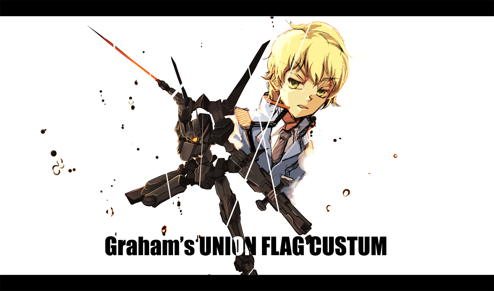 shimadoriru, flag custom, graham aker, gundam, gundam 00, highres, 00s, 1boy, blonde hair, collar, collarbone, full body, letterboxed, looking at viewer, machinery, male focus, mecha, robot, simple background, white background, yellow eyes