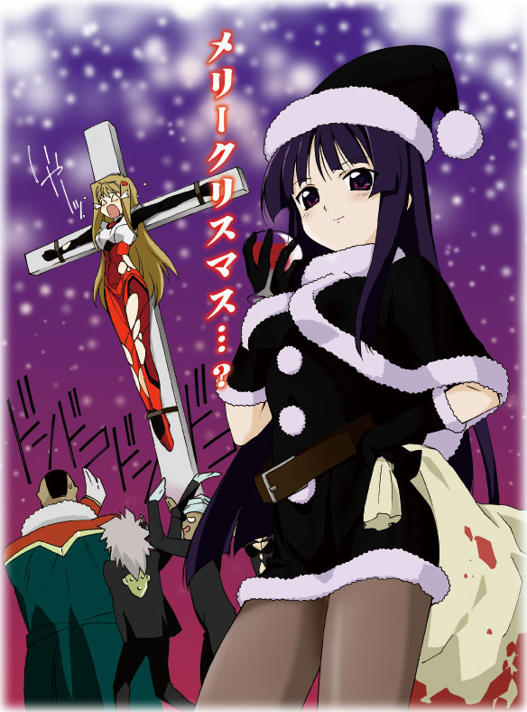 shiba, tsunashima shirou, hiiragi akao, shiva (jinki), jinki, pilot suit, 00s, 2girls, 3boys, belt, black gloves, black hair, black santa costume, blood, bodysuit, brown hair, capelet, christmas, cross, crucifixion, cup, drinking glass, elbow gloves, glass, gloves, hat, hime cut, latin cross, long hair, multiple boys, multiple girls, pantyhose, purple eyes, santa costume, snow, tears, torn clothes, wine glass
