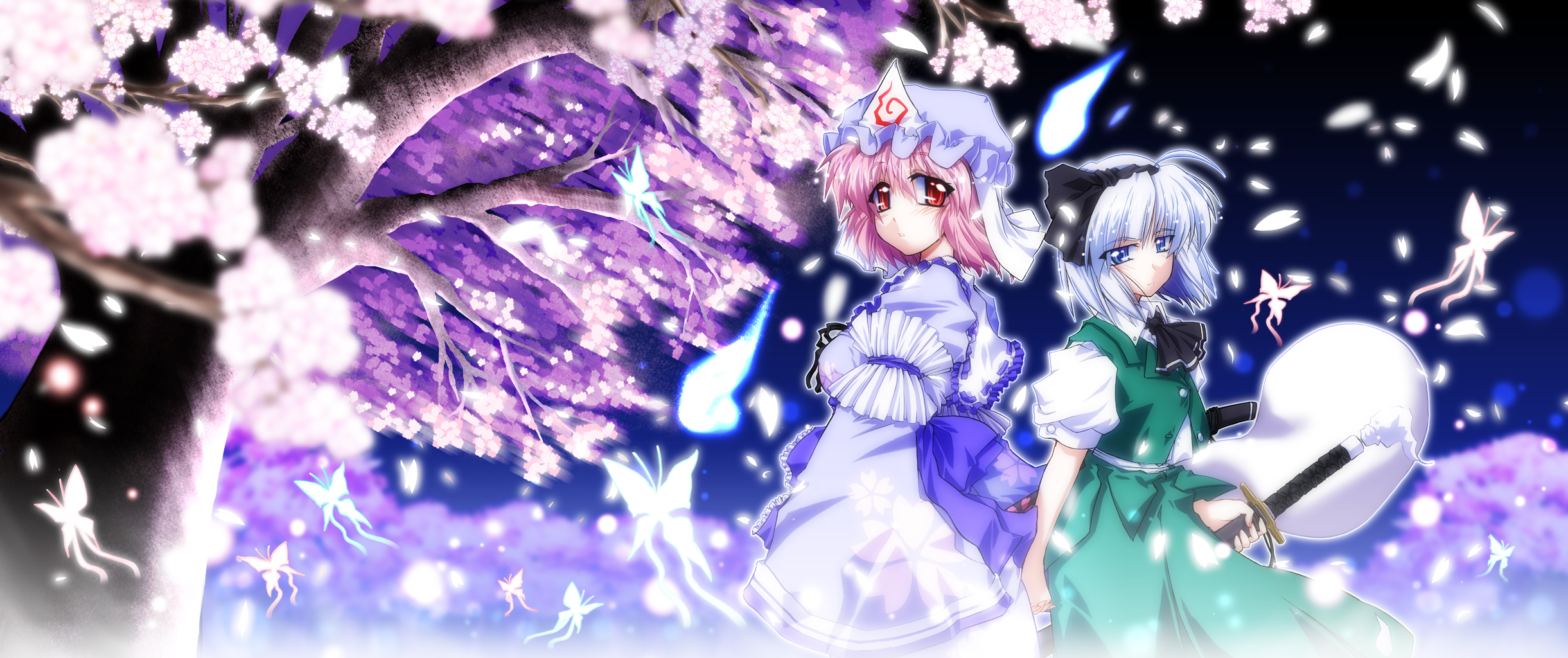 takana shinno, konpaku youmu, konpaku youmu (ghost), saigyouji yuyuko, touhou, highres, 2girls, cherry blossoms, cowboy shot, dress, female focus, floating, ghost, green dress, hairband, hat, hitodama, japanese clothes, kimono, long sleeves, looking at viewer, mob cap, multiple girls, petals, plant, sheath, sheathed, short hair, tree, triangular headpiece