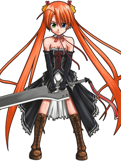 kagurazaka asuna, mahou sensei negima!, 00s, 1girl, boots, dress, female focus, gloves, heterochromia, long hair, orange hair, solo, sword, twintails, weapon