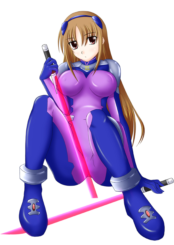 sakura yuu, deed (nanoha), numbers (nanoha), lyrical nanoha, mahou shoujo lyrical nanoha, mahou shoujo lyrical nanoha strikers, 00s, 1girl, bodysuit, brown hair, energy sword, female focus, gloves, lightsaber, long hair, pink eyes, purple bodysuit, skin tight, solo, sword, weapon