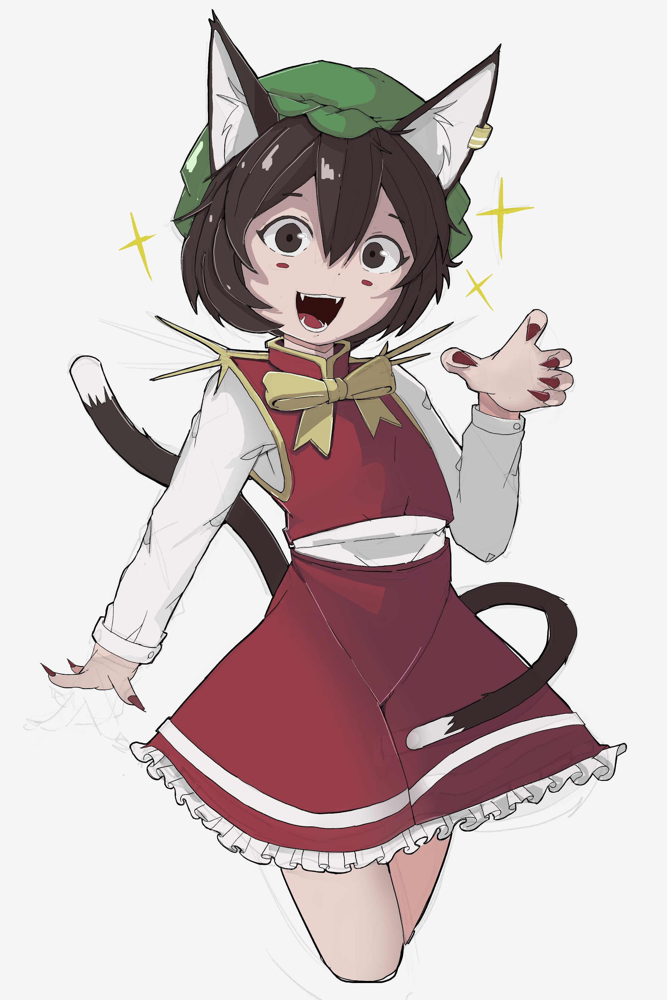 chen, touhou, absurdres, commentary, english commentary, highres, 1girl, :d, cropped legs, double-parted bangs, fangs, fingernails, nail polish, nekomata, open mouth, red nails, sharp fingernails, simple background, smile, solo, somew3y, white background