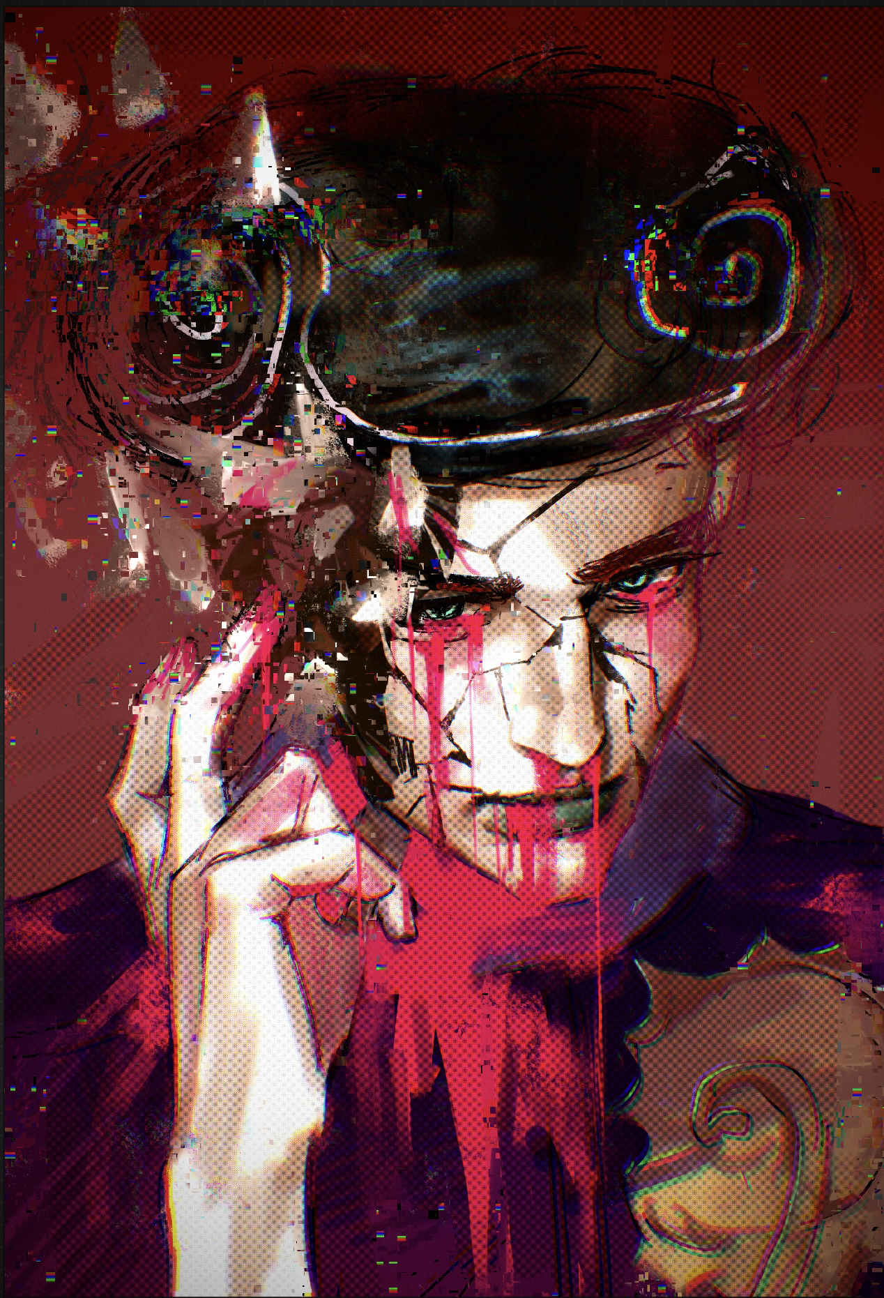 tooru (jojolion), jojo no kimyou na bouken, jojolion, commentary request, highres, 1boy, afro, aqua eyes, aqua lips, black hair, bleeding, blood, blood from mouth, blood on face, blood on hands, bloody tears, chromatic aberration, crack, cracked skin, glitch, hand up, looking at viewer, male focus, nosebleed, portrait, purple shirt, red background, shirt, short hair, smoke, solo, user syhe8854