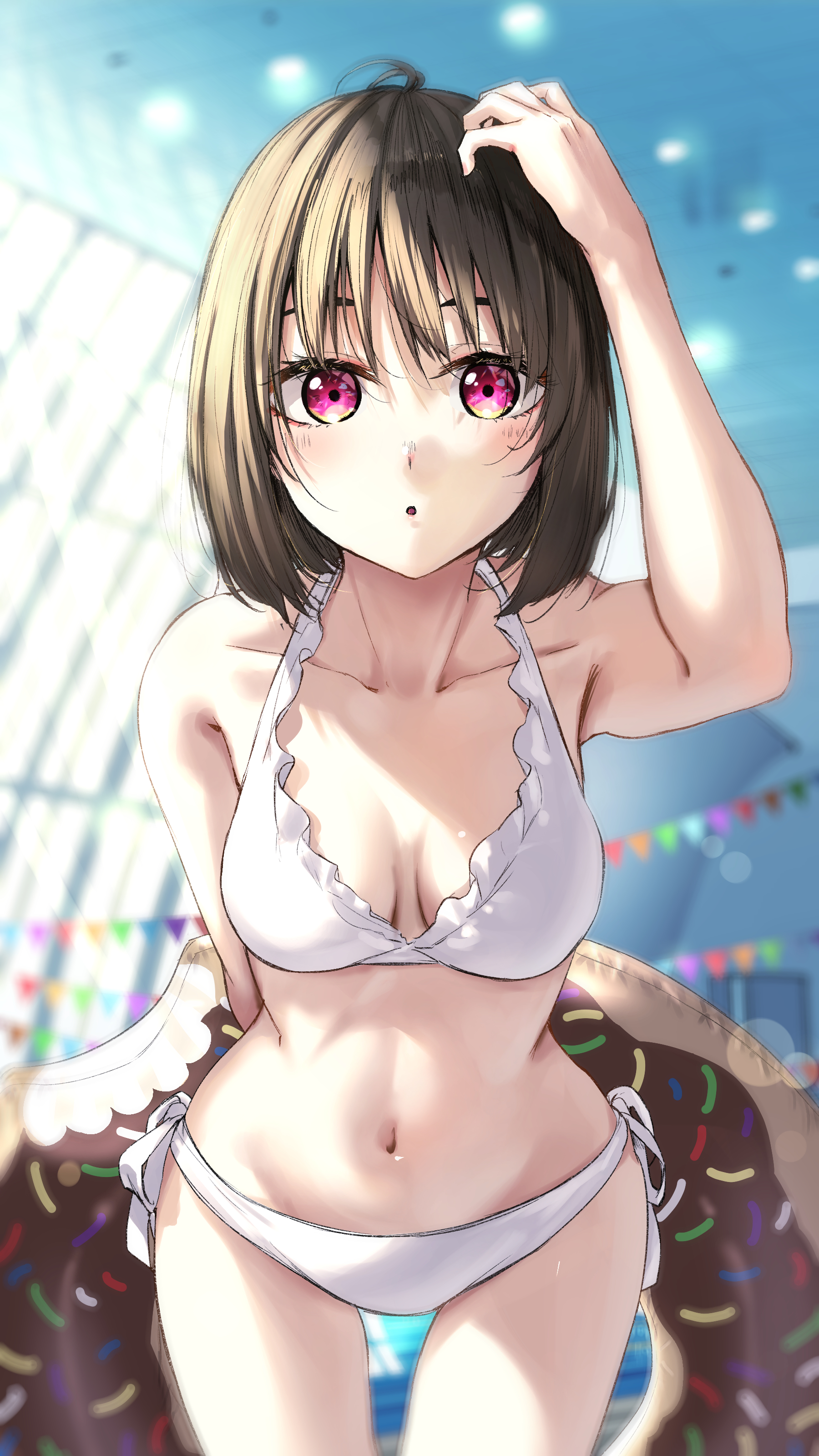 sahara386, osanai yuki, shoushimin series, absurdres, highres, 1girl, adjusting hair, bikini, blurry, blurry background, blush, breasts, brown hair, cleavage, donut innertube, holding, holding swim ring, innertube, looking at viewer, medium breasts, navel, red eyes, solo, swim ring, swimsuit, white bikini