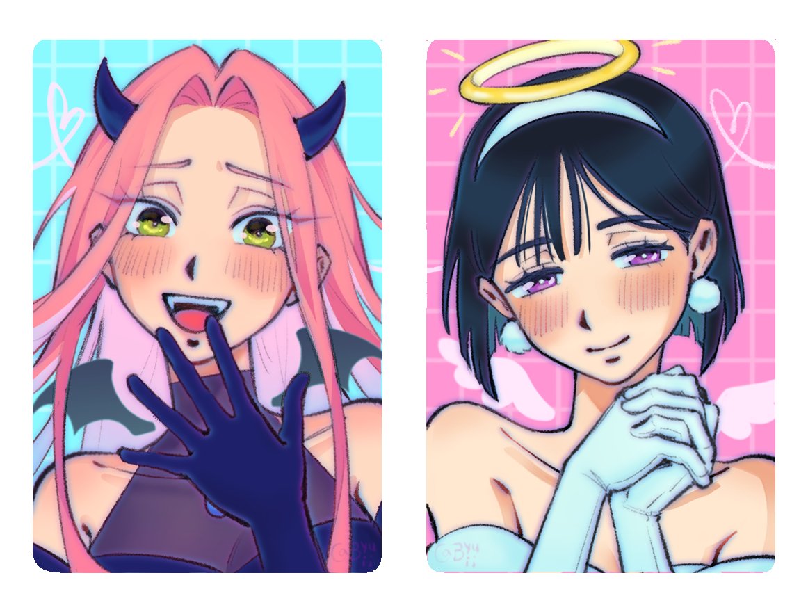 byubiyubi, mizi (alien stage), sua (alien stage), alien stage, commentary, english commentary, 2girls, angel, angel and devil, angel wings, bare shoulders, black gloves, black hair, black wings, blunt ends, blush, bob cut, closed mouth, demon girl, demon horns, demon wings, earrings, gloves, green eyes, hairband, halo, hand to own mouth, horns, interlocked fingers, jewelry, mini wings, multiple girls, off shoulder, open mouth, own hands together, pink background, pink eyes, purple eyes, short hair, signature, smile, traditional halo, white gloves, white hairband, white wings, wings