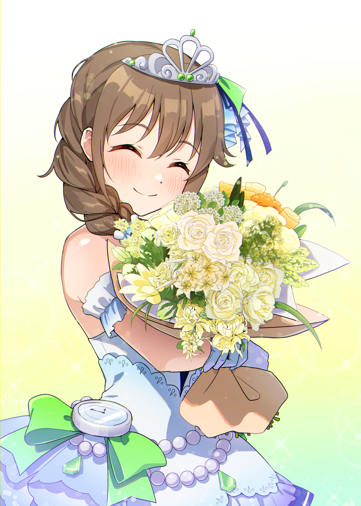 kamille (vcx68), senkawa chihiro, idolmaster, idolmaster cinderella girls, highres, 1girl, bare shoulders, blush, bouquet, braid, brown hair, closed eyes, dress, flower, frilled dress, frills, long hair, smile, solo, standing, upper body