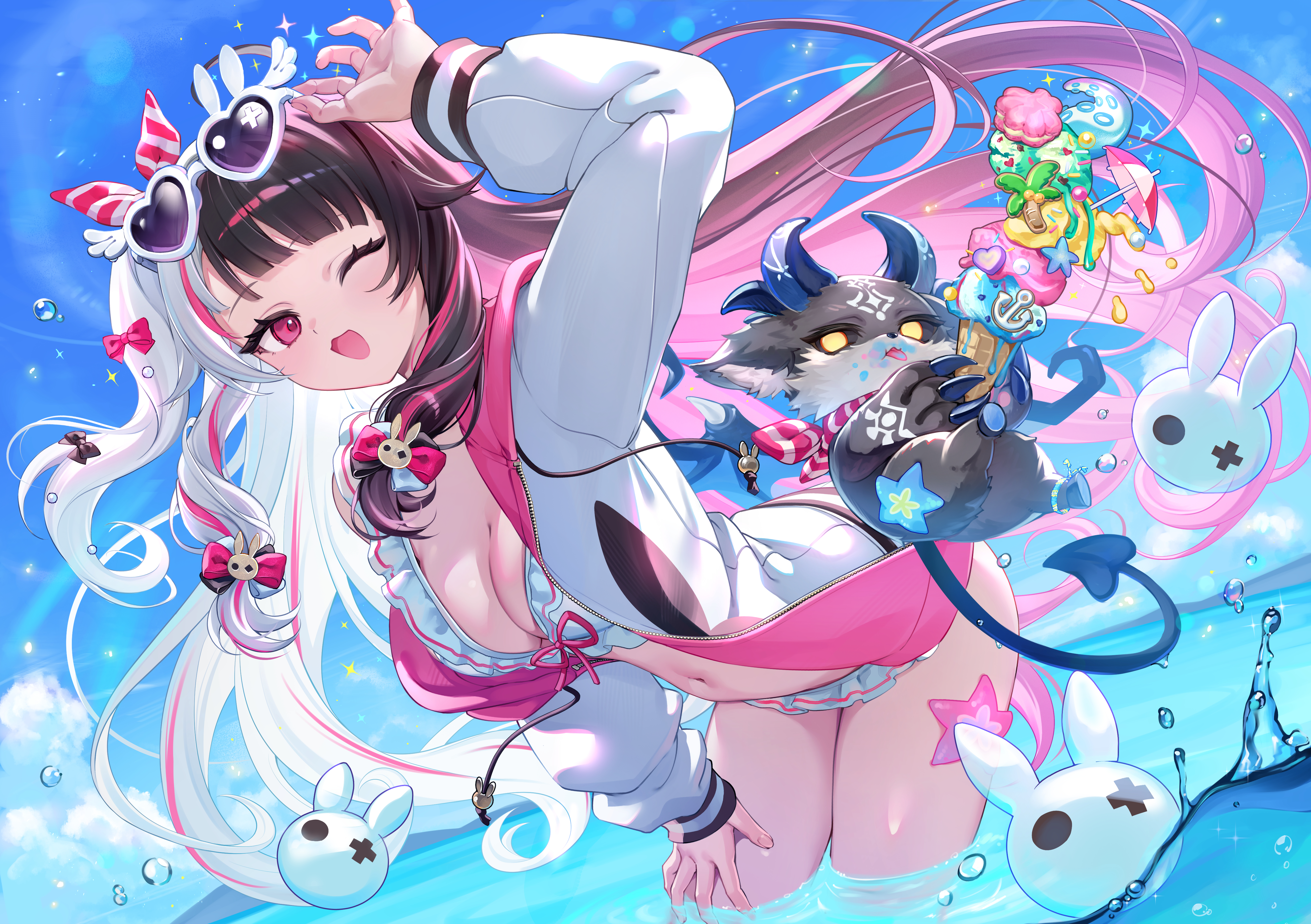 bochibochi (gyuuniku 6000), debidebi debiru, yorumi rena, nijisanji, absurdres, commentary request, highres, 1girl, 1other, alternate costume, arm up, bikini, black fur, black hair, black sclera, blue sky, cloud, cloudy sky, colored inner hair, colored sclera, day, demon, demon horns, demon tail, demon wings, eyewear on head, frilled bikini, frills, hair ornament, heart, heart-shaped eyewear, horns, jacket, leaning forward, long sleeves, monster, multicolored hair, ocean, one eye closed, open mouth, pink eyes, pink hair, puffy long sleeves, puffy sleeves, rabbit hair ornament, sky, split-color hair, swimsuit, tail, thighs, two side up, virtual youtuber, wading, white bikini, white hair, white jacket, wings