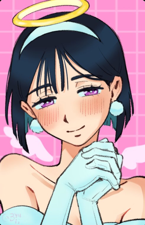 byubiyubi, sua (alien stage), alien stage, commentary, english commentary, angel, angel wings, bare shoulders, black hair, blue background, blunt ends, blush, bob cut, closed mouth, earrings, gloves, grid background, hairband, halo, interlocked fingers, jewelry, mini wings, off shoulder, own hands together, pink background, purple eyes, short hair, signature, smile, traditional halo, white gloves, white hairband, white wings, wings