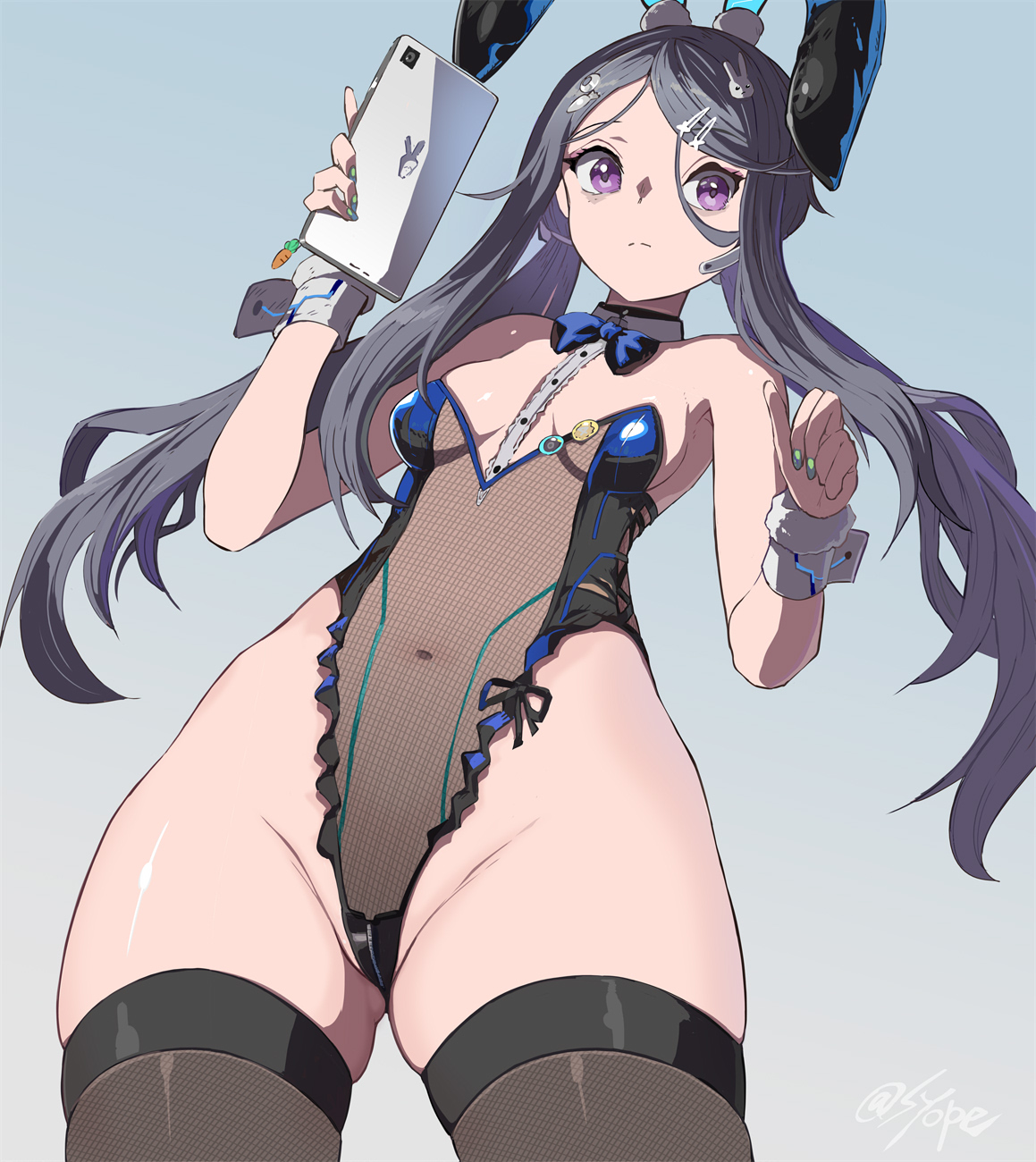 syope, exia (nikke), goddess of victory: nikke, highres, 1girl, animal ears, bare shoulders, bow, bowtie, breasts, charm (object), cleavage, fake animal ears, green nails, grey background, grey hair, hair ornament, hairpin, highleg, highleg leotard, holding, holding tablet pc, leotard, long hair, multiple hairpins, nail polish, pantyhose, playboy bunny, purple eyes, rabbit ears, simple background, small breasts, solo, strapless, strapless leotard, tablet pc, thighhighs, twintails, white wrist cuffs, wrist cuffs