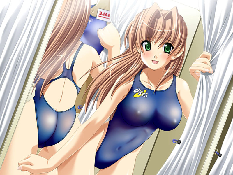 takapiko, sasakawa ai, clockup, presence, game cg, third-party edit, 1girl, ass, blush, breasts, brown hair, competition swimsuit, covered erect nipples, curtains, female focus, green eyes, highleg, highleg one-piece swimsuit, large breasts, long hair, mirror, one-piece swimsuit, reflection, solo, swimsuit, thigh gap, thighs