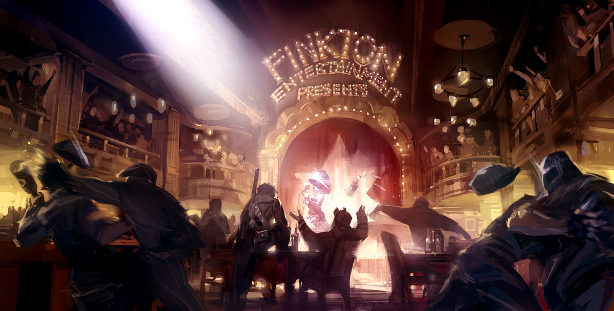 ben lo, bioshock, bioshock (series), bioshock infinite, concept art, 6+others, balcony, bottle, chair, english text, faceless, fighting, floating hat, holding, holding bottle, holding microphone, indoors, instrument, microphone, motion blur, multiple others, music, on chair, outstretched arms, painterly, people, playing instrument, punching, scenery, spotlight, stage, stage lights, table, theater, tile floor, tiles, wooden chair, wooden table