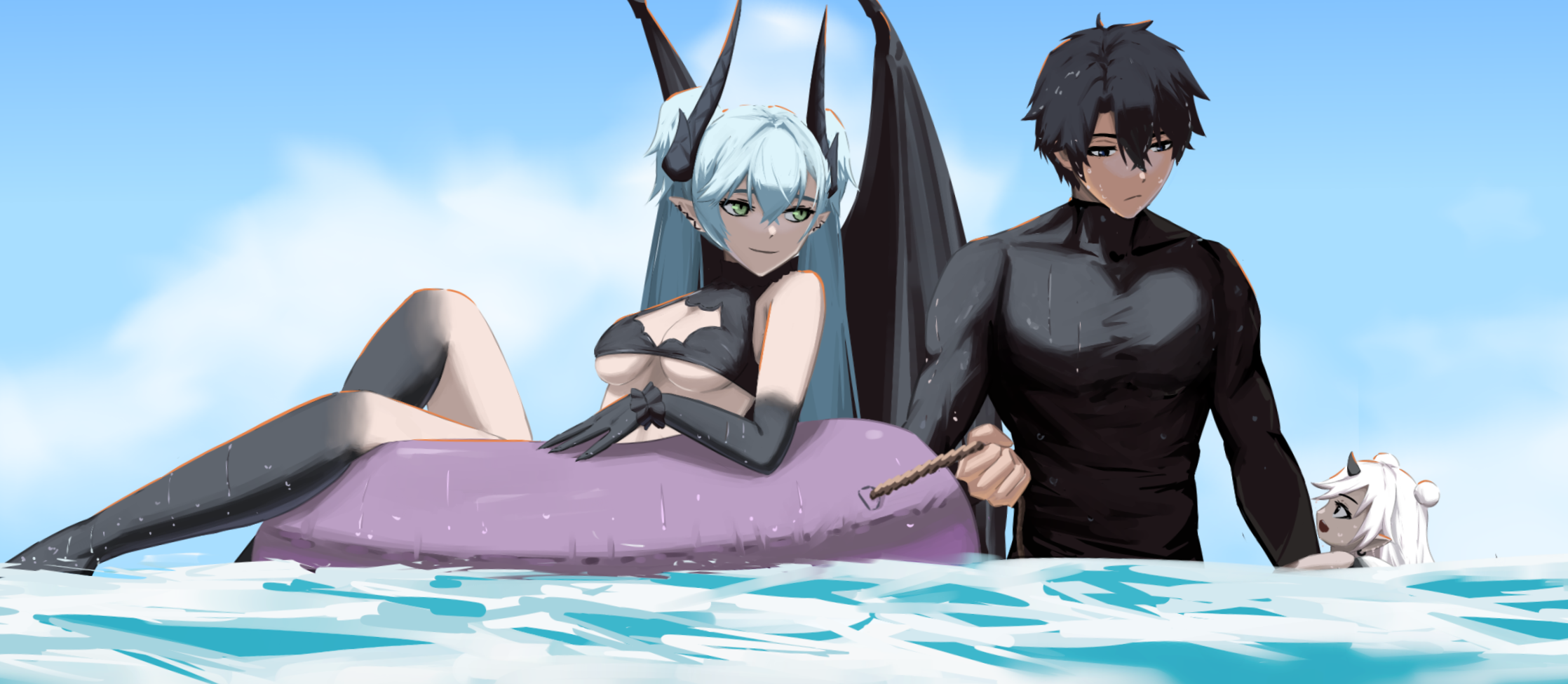 paperpillar, fujimaru ritsuka (male), lilith (fate), fate/grand order, fate (series), highres, 1boy, 2girls, bikini, black bikini, black eyes, black hair, black hands, breasts, colored extremities, demon girl, demon horns, eins (fate), green eyes, grey hair, horns, innertube, lilith (stormy night) (fate), long hair, multiple girls, outdoors, piercing, pointy ears, short hair, skin tight, smile, swim ring, swimsuit, twintails, very long hair, wet