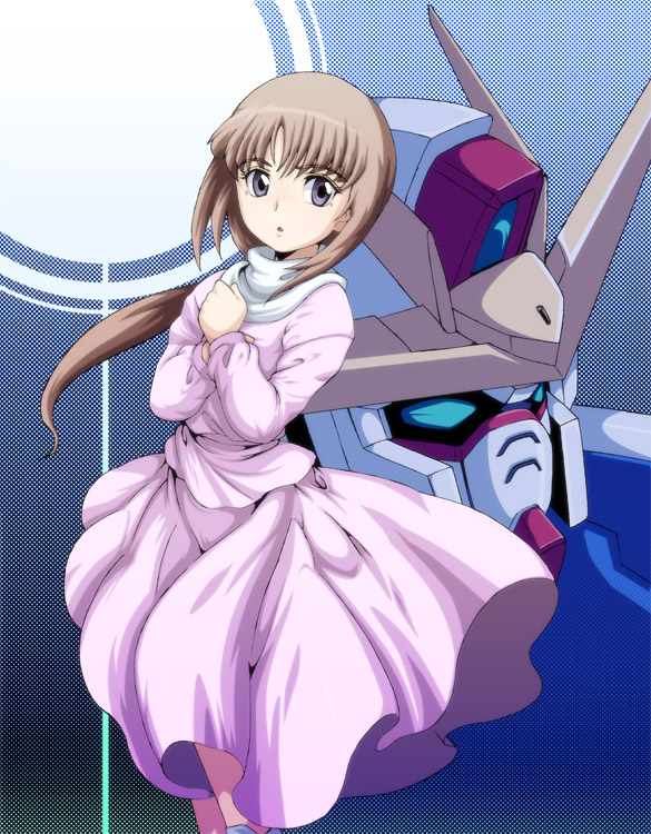 caryo, tabigarasu, gundam x, tiffa adill, after war gundam x, gundam, silver hair, 1girl, armor, brown hair, cowboy shot, dress, female focus, helmet, long sleeves, looking at viewer, machinery, mecha, pink dress, robot, solo, spikes, standing, x gundam