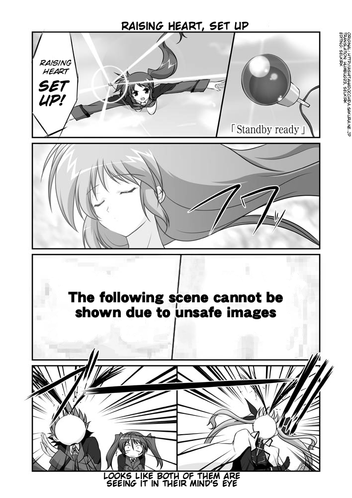 mikage takashi, fate testarossa, raising heart, subaru nakajima, takamachi nanoha, teana lanster, lyrical nanoha, mahou shoujo lyrical nanoha, mahou shoujo lyrical nanoha strikers, hard-translated, third-party edit, translated, 00s, 4girls, blood, comic, english text, greyscale, monochrome, multiple girls, nosebleed